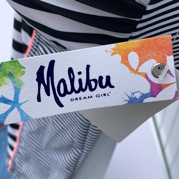 NWT MALIBU DREAMGIRL BLACK  WHITE STRIPED PINK DETAIL HALTER TOP SWIMSUIT MEDIUM - Picture 5 of 8